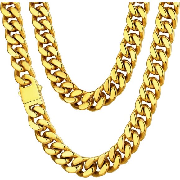 Men's 14mm Width Steel Cuban Durable 18K Gold Plated Hip Hop Chain Gold Jewelry